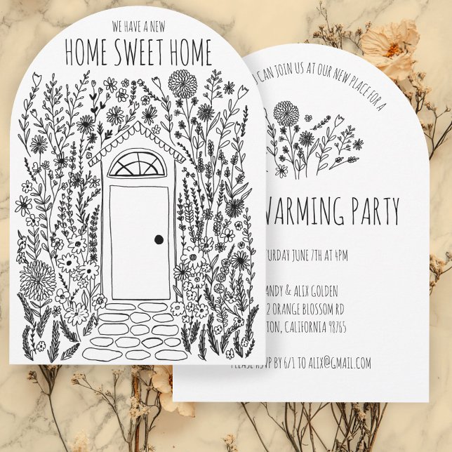 Invitation FÊTE DE RÉCHAUFFEMENT Porte de jardin Doodle tiré  (HOUSEWARMING PARTY Garden Door Hand Drawn Doodle Arched Party  Invitation
)