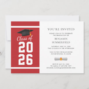 Invitation Fête de remise de diplômes moderne simple rouge bl