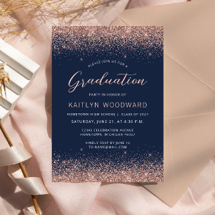Invitation Fête de remise de diplômes Rose Gold Pailleté Bleu