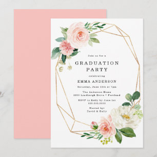 Invitation Fête de remise des diplômes Cadre doré Floral Rose
