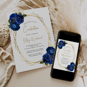 Invitation Fête de remise des diplômes florale bleu royal de 