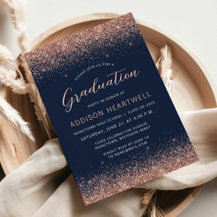 Invitation Fête de remise des diplômes Rose Gold Glitter Bleu