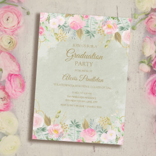 Invitation Fête de remise des diplômes rose poudré floral ver
