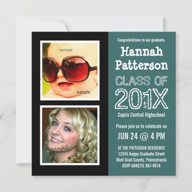 Invitation Fête de remise des diplômes turquoise avec 2 (Devant)