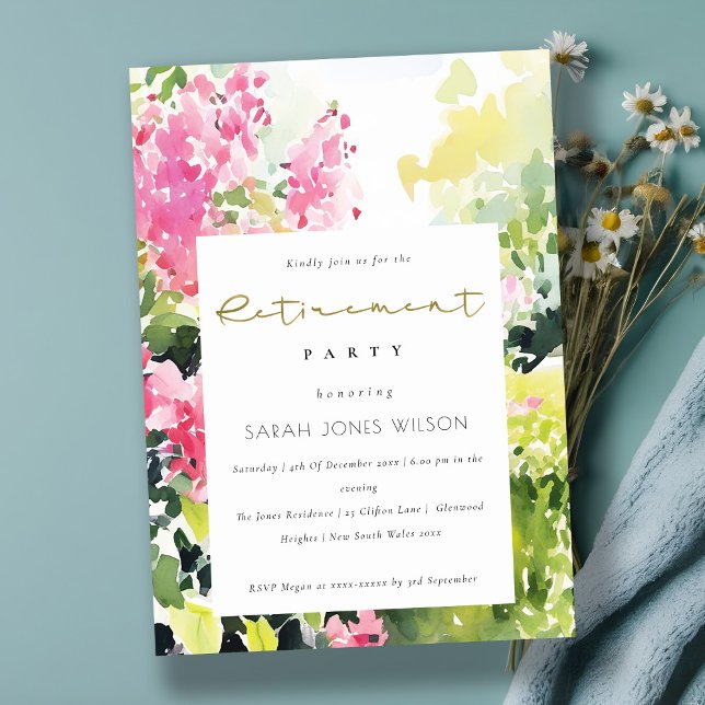 Invitation Fête de retraite aux bougainvillées tropicales ros (Créateur téléchargé)