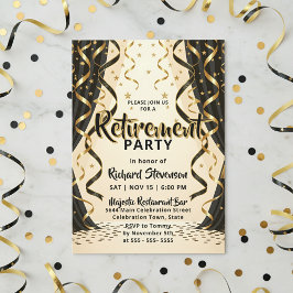 Invitation Fête de retraite avec des serpentins noirs et or é