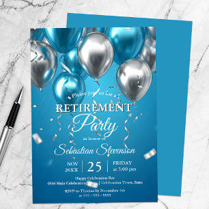 Invitation Fête de Retraite Ballons Bleus Brillants et Argent