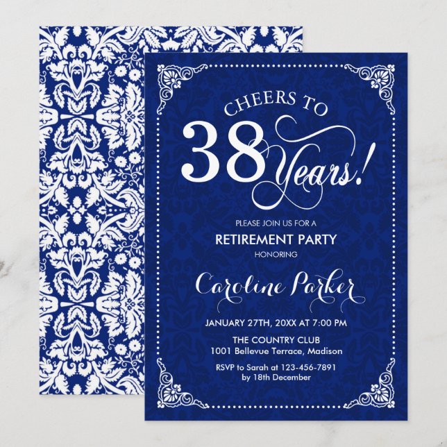 Invitation Fête de Retraite - Damas Blanc Marine (Devant / Derrière)