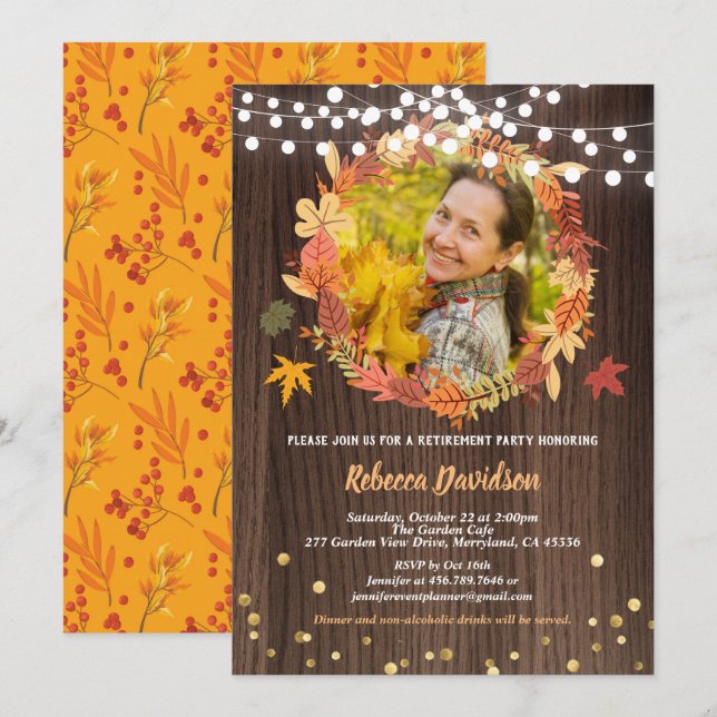 Invitation Fête de retraite d'automne photo rustique (Devant / Derrière)