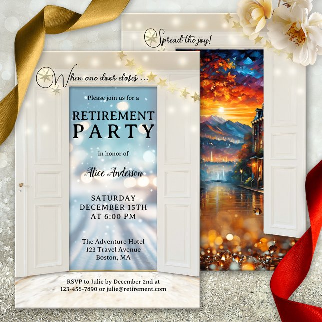 Invitation Fête de retraite des vacances de fin d'année (Christmas retirement invitation featuring opening doors showing a road with sparkling snow)