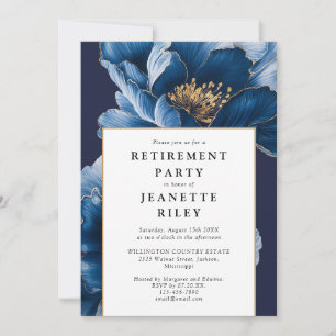 Invitation Fête de retraite élégante avec fleurs bleues marin