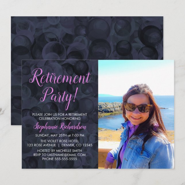 Invitation Fête de retraite élégante photo rose et noir (Devant / Derrière)