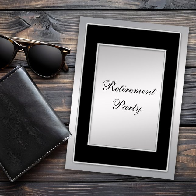 Invitation Fête de retraite en argent noir (Mans classic retirement party invitation. All text, font and wording can be changed for your event.)