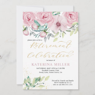 Invitation Fête de retraite en calligraphie dorée et pivoine 