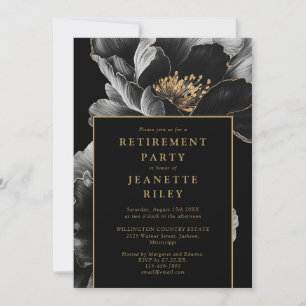 Invitation Fête de retraite florale élégante noire et or