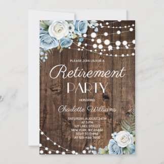 Invitation Fête de retraite florale en bois rustique bleu pou