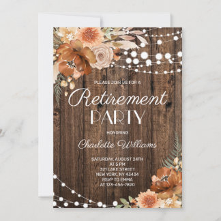 Invitation Fête de retraite florale en terre cuite et bois ru