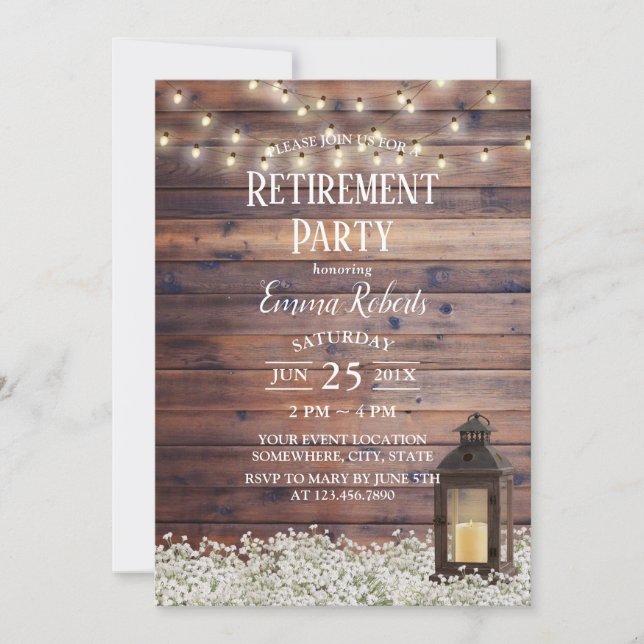 Invitation Fête de retraite Rustic Barn Lantern String (Devant)
