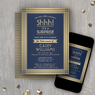 Invitation Fête de retraite surprise Élégant bleu marine et o
