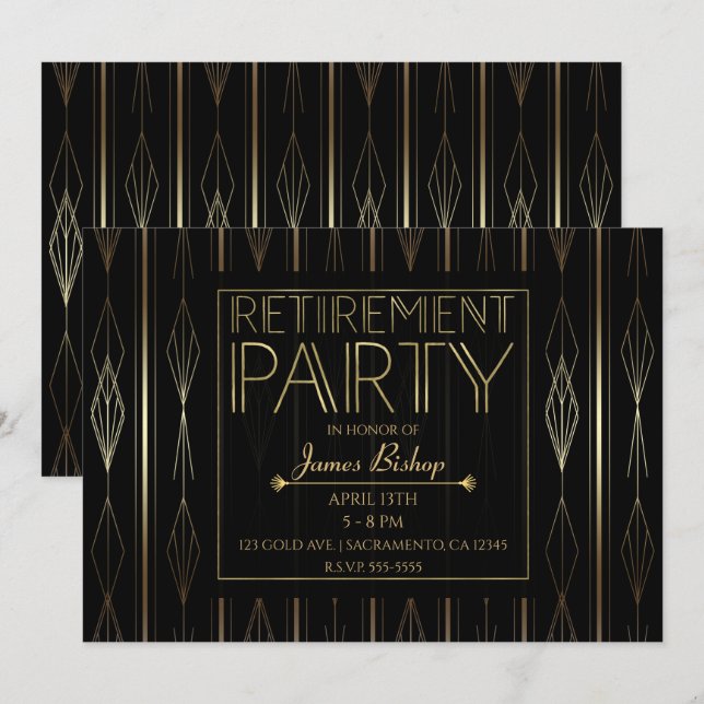 Invitation Fête de retraite travail Art Déco noir et or (Devant / Derrière)