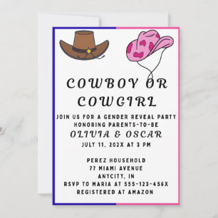 Invitation Fête de révélation de genre Cowboy Cowgirl 