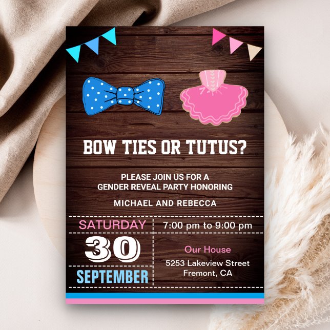 Invitation Fête de Révélation du Sexe avec Nœuds Papillon ou  (Créateur téléchargé)