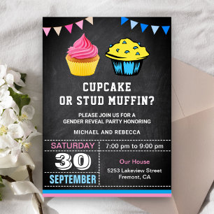 Invitation Fête de révélation du sexe Cupcake ou Stud Muffin