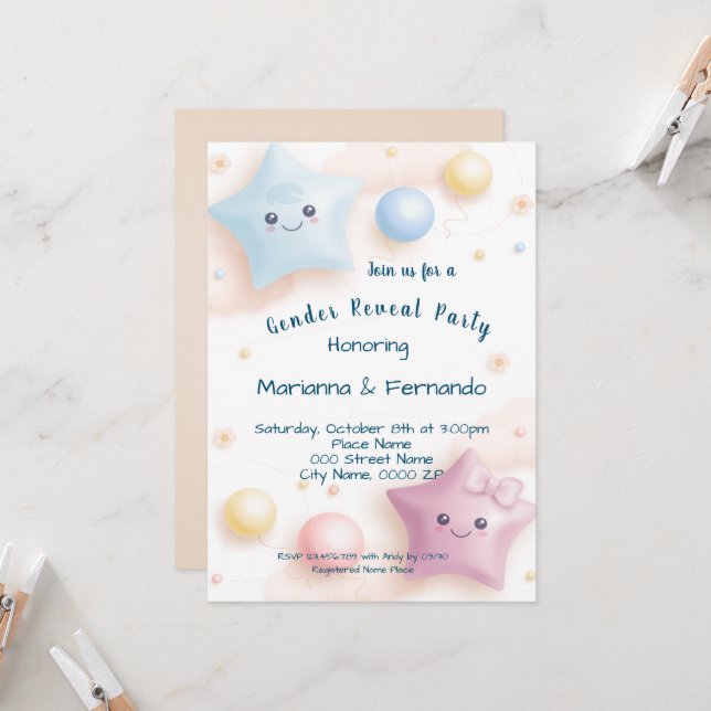 Invitation Fête de révélation du sexe de Bébé aux Étoiles Col (Devant/Arrière en situation)