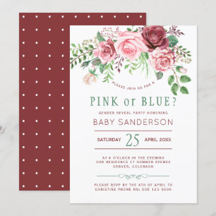 Invitation Fête de Révélation du Sexe de Bébé aux Roses Verte