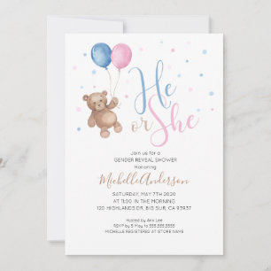 Invitation Fête de Révélation du Sexe de Bébé Ourson en Peluc