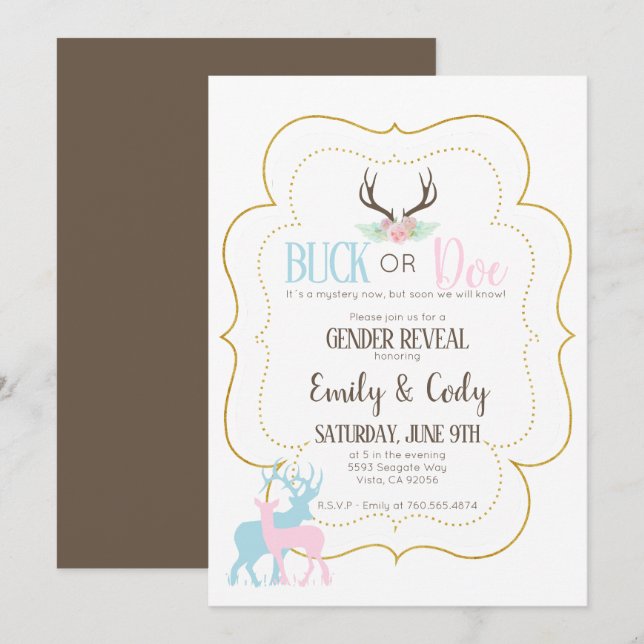 Invitation Fête de Révélation du Sexe du Bébé Buck ou Biche B (Devant / Derrière)