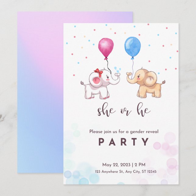 Invitation fête de révélation du sexe,garçon ou fille, élépha (Devant / Derrière)