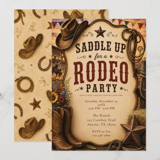 Invitation Fête de Rodéo Rustique (Devant / Derrière)