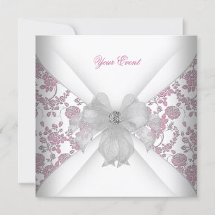 Invitation Fête de ruban de bijou floral rose blanc damassé