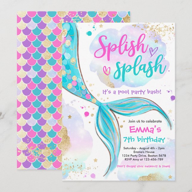 Invitation Fête de sirène de la piscine sirène rose sirène so (Devant / Derrière)