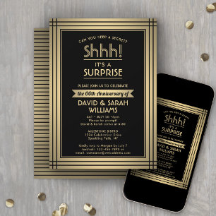 Invitation Fête de Surprise d'Anniversaire Élégante Noir et O