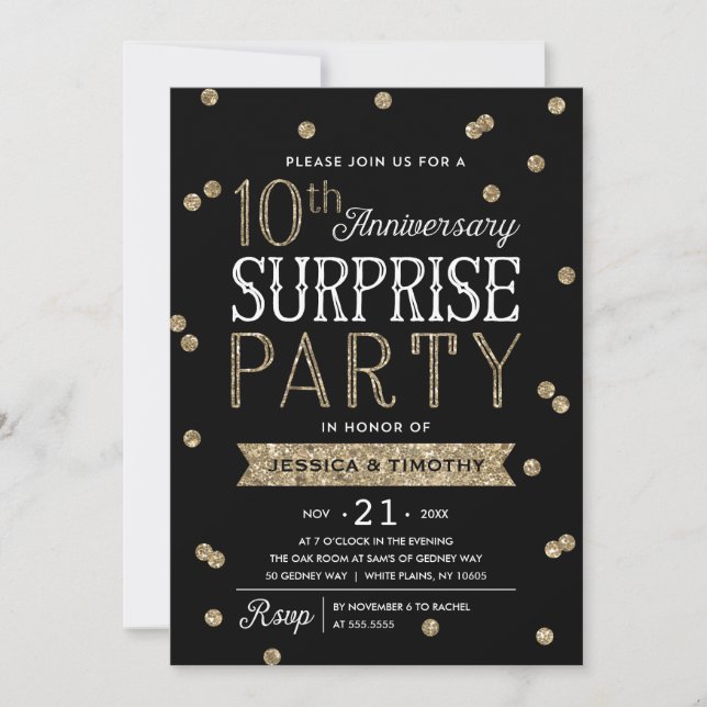 Invitation Fête de Surprise de 10e Anniversaire Paillettes Co (Devant)