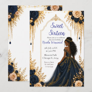 Invitation Fête de Sweet Sixteen aux fleurs navies et dorées