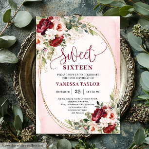 Invitation Fête de Sweet Sixteen Floral Boho Bourgogne Blush