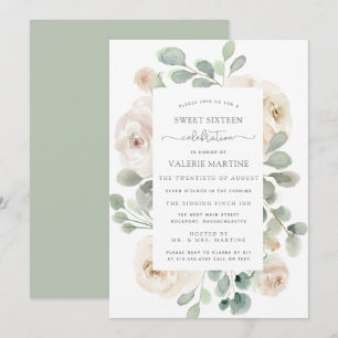 Invitation Fête de Sweet sixteen végétal à la rose blanche