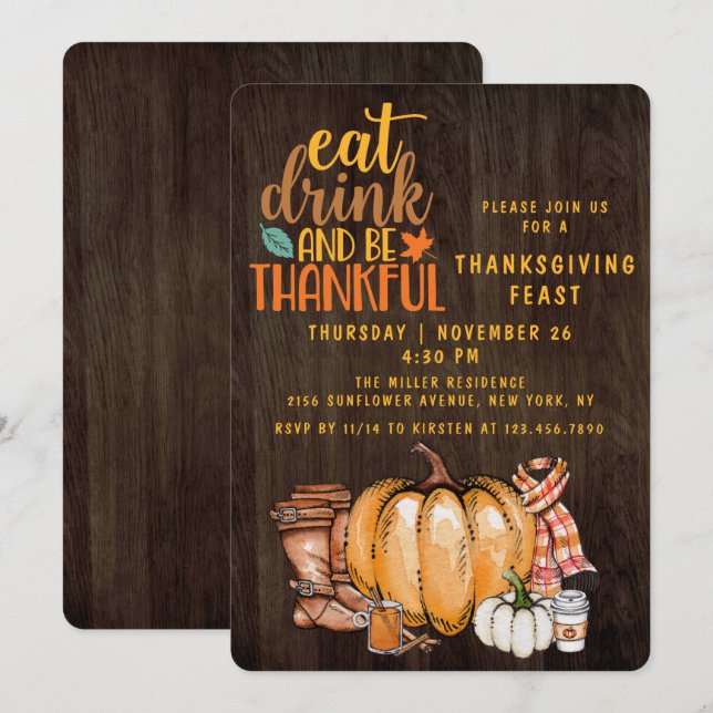 Invitation Fête de Thanksgiving Citrouille d'aquarelle d'auto (Devant / Derrière)