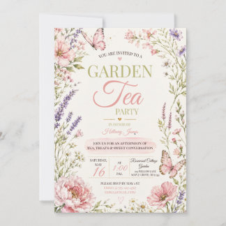 Invitation Fête de thé au jardin papillon fleur sauvage rose