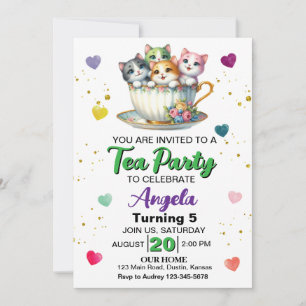 Invitation Fête de thé de chaton mignon Anniversaire tout âge