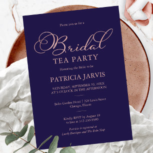 Invitation Fête de thé de mariage en bleu marine avec écritur