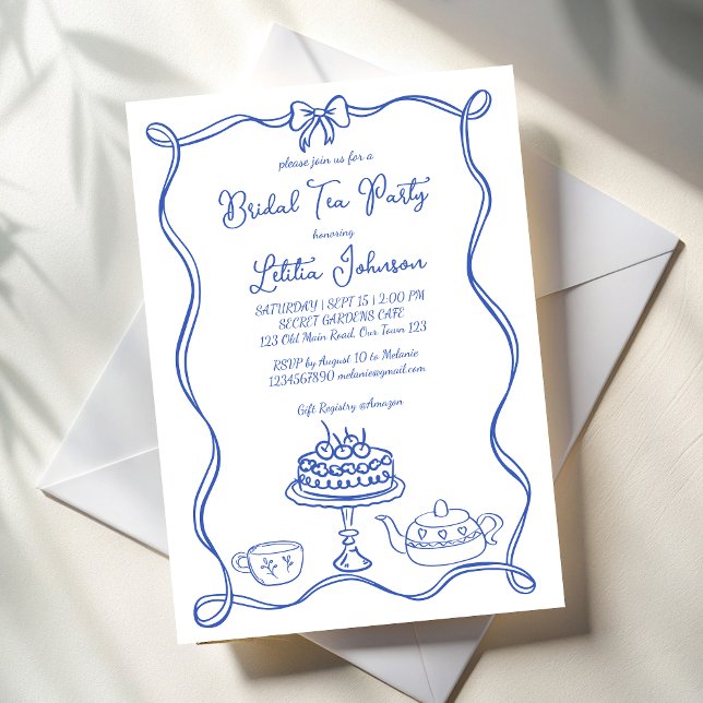Invitation Fête de thé de mariée à la main fantaisie (Whimsical hand drawn bridal tea party invitation template dusty blue ribbon bow border tea invites)