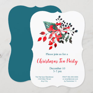 Invitation Fête de thé de Noël Rouge Bouquet d'hiver Turquois