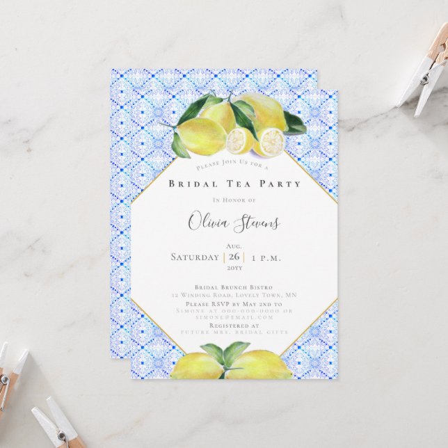 Invitation Fête de thé nuptiale moderne Yellow Lemons Douche (Devant/Arrière en situation)