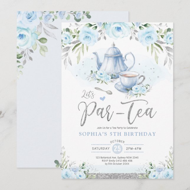 Invitation Fête de Thé Par-Thé Silver Baby Blue Anniversaire  (Devant / Derrière)
