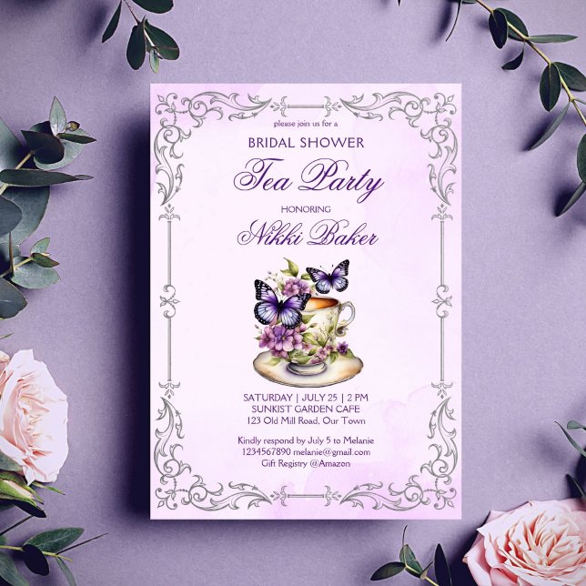 Invitation Fête de thé victorienne aux papillons violets (Purple butterflies vintage silver border Victorian bridal shower tea party Invitation template)