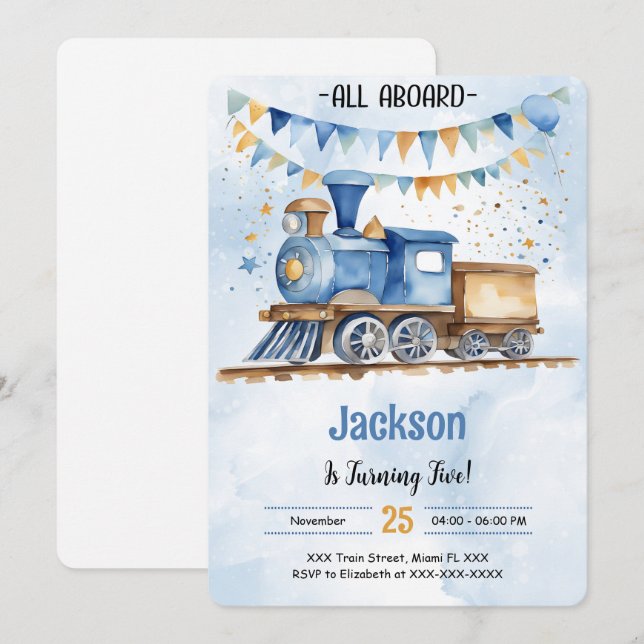 Invitation Fête de train d'anniversaire 5 ans (Devant / Derrière)